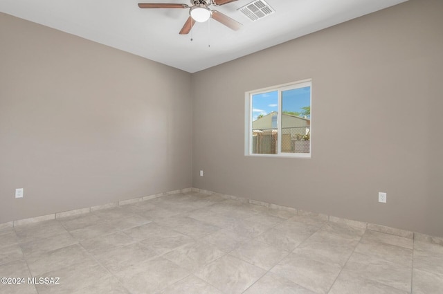 empty room with ceiling fan and visible vents