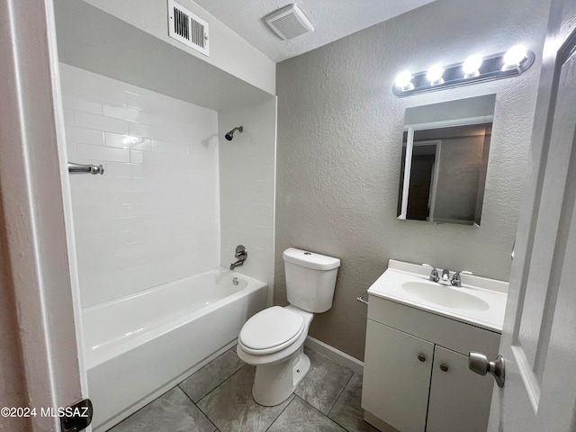 full bathroom with shower / bath combination, a textured ceiling, vanity, tile patterned flooring, and toilet