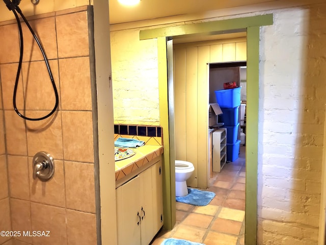 bathroom with toilet, walk in shower, and vanity