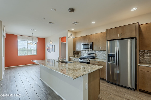 kitchen with visible vents, backsplash, a sink, and stainless steel appliances