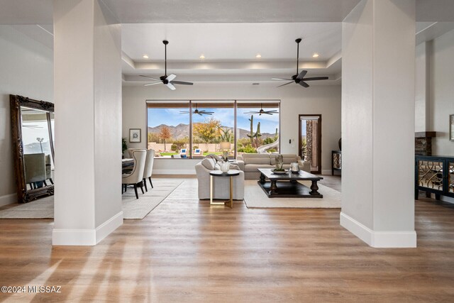 living room with a tray ceiling and light hardwood / wood-style flooring