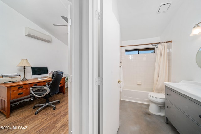 interior space featuring vanity, ceiling fan, wood-type flooring, shower / bathtub combination with curtain, and toilet