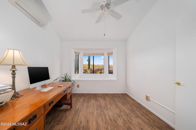 office featuring dark hardwood / wood-style floors, vaulted ceiling, ceiling fan, and a wall mounted AC