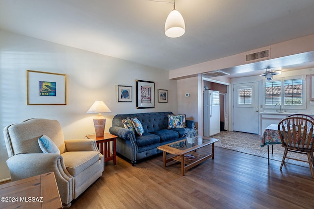 living room featuring sink and hardwood / wood-style floors