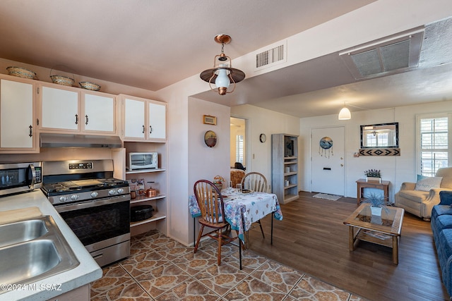 kitchen featuring white cabinetry, sink, stainless steel appliances, and hanging light fixtures