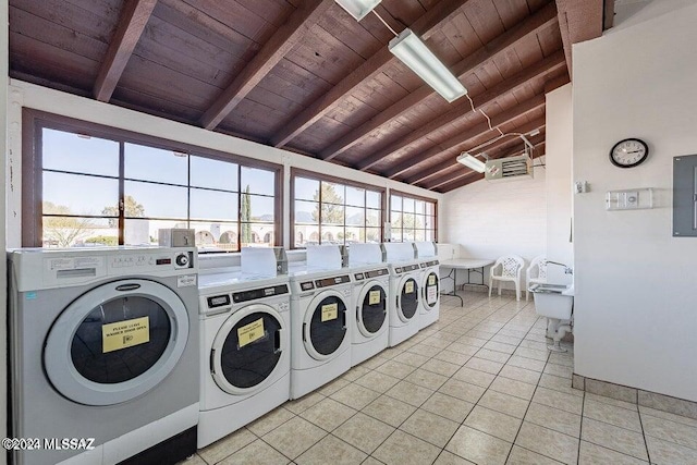 laundry room with wood ceiling, electric panel, washer and dryer, and light tile patterned floors