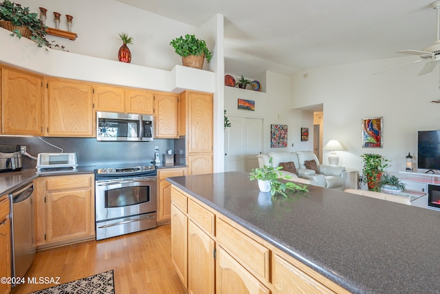 kitchen featuring decorative backsplash, ceiling fan, light hardwood / wood-style floors, and appliances with stainless steel finishes