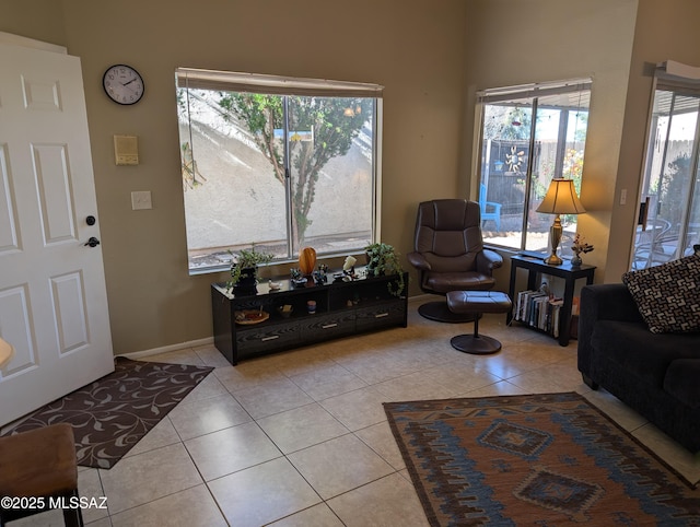 tiled living room featuring a wealth of natural light