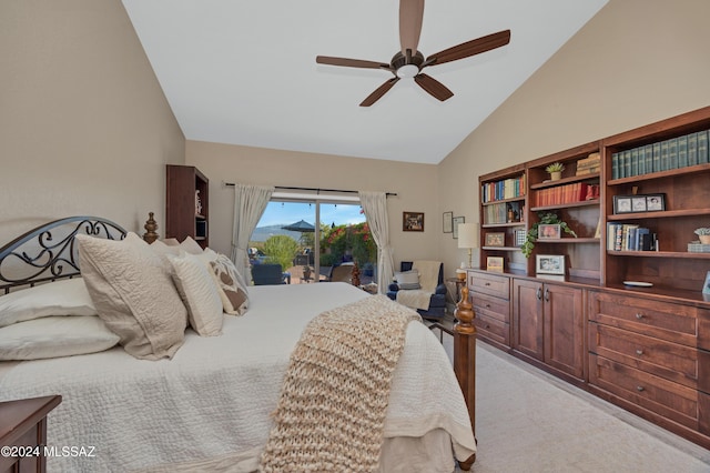 bedroom featuring light carpet, high vaulted ceiling, a ceiling fan, and access to outside