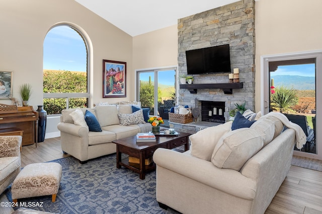 living room with wood finished floors, a fireplace, and high vaulted ceiling