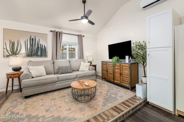living room featuring a wall unit AC, vaulted ceiling, ceiling fan, and dark hardwood / wood-style flooring