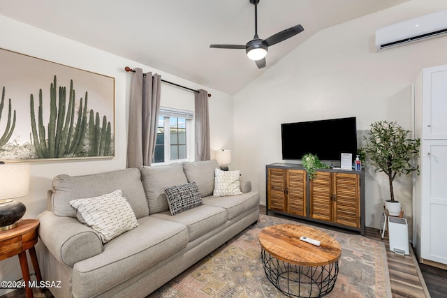 living room with hardwood / wood-style floors, ceiling fan, lofted ceiling, and a wall mounted air conditioner