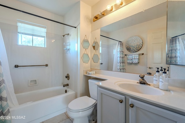 full bathroom with tile patterned flooring, shower / bath combo, vanity, and toilet