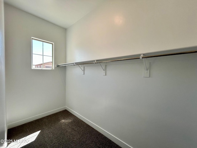 walk in closet featuring dark colored carpet