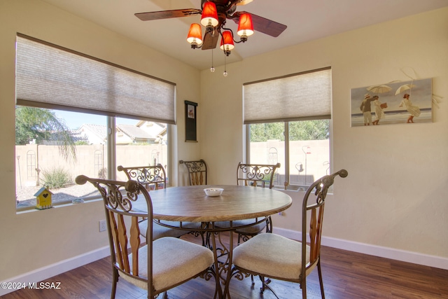 dining area featuring ceiling fan and dark wood-type flooring