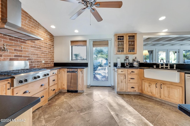 kitchen featuring wall chimney exhaust hood, plenty of natural light, sink, and stainless steel gas cooktop