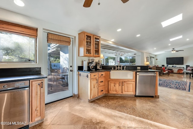 kitchen featuring dishwasher, vaulted ceiling, plenty of natural light, and sink