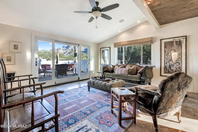 living room with vaulted ceiling with beams, ceiling fan, and wooden ceiling