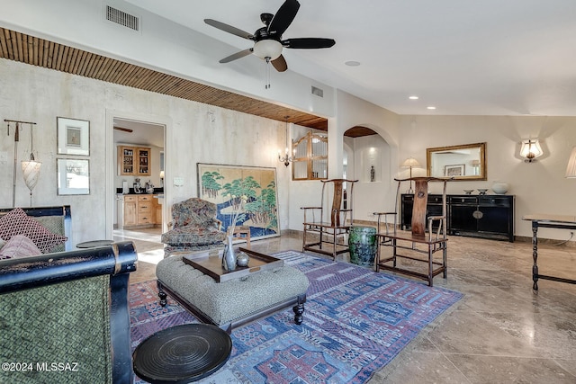 living room featuring ceiling fan