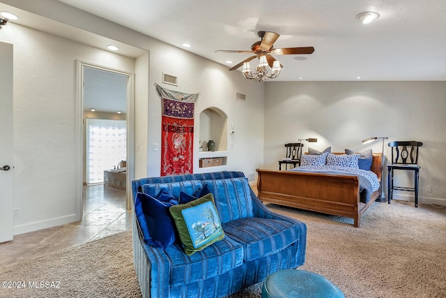 carpeted bedroom with ceiling fan