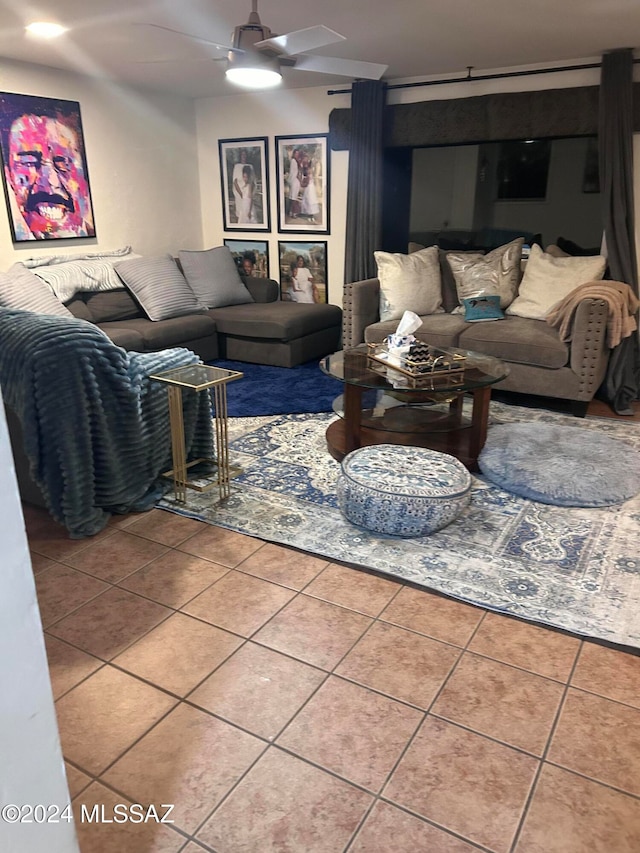 tiled living room featuring ceiling fan