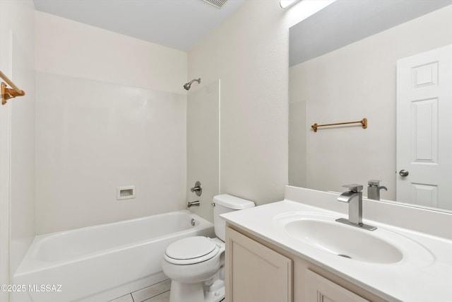 full bathroom with shower / bathing tub combination, toilet, vanity, and tile patterned flooring