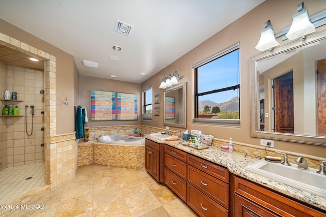 bathroom featuring vanity and plus walk in shower