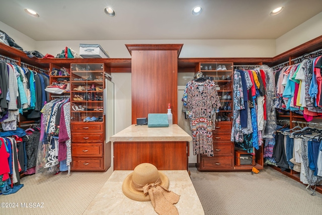 spacious closet featuring light colored carpet