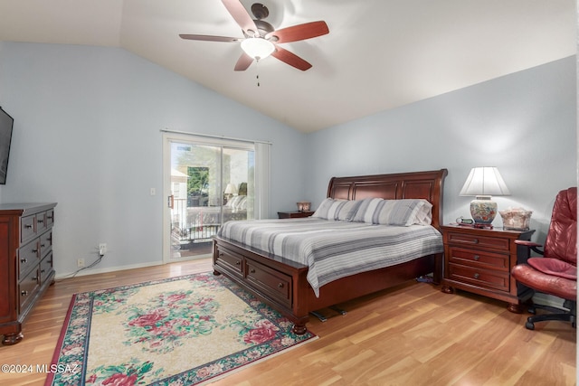 bedroom featuring access to outside, ceiling fan, light hardwood / wood-style flooring, and lofted ceiling