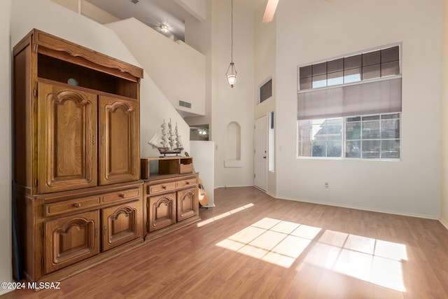 foyer entrance featuring a towering ceiling and light hardwood / wood-style flooring