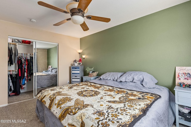 bedroom with carpet floors, a closet, and ceiling fan