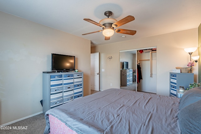 bedroom featuring carpet flooring, a closet, and ceiling fan