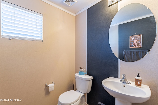 bathroom with toilet, ornamental molding, and sink