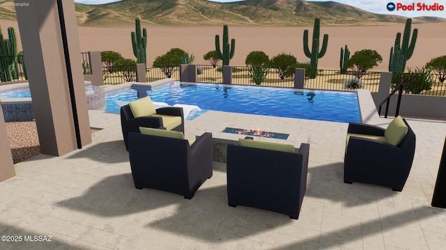pool featuring a mountain view, a patio, and fence