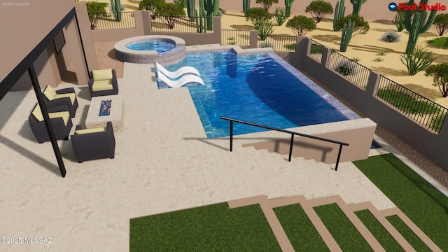 view of swimming pool with a pool with connected hot tub and fence