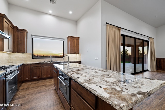 kitchen featuring dark wood finished floors, a sink, stainless steel appliances, and light stone countertops