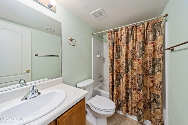 full bathroom featuring toilet, shower / tub combo, vanity, and tile patterned floors