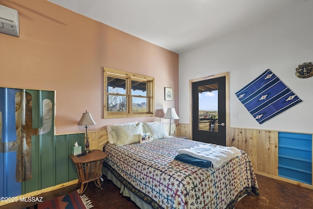 bedroom with wooden walls