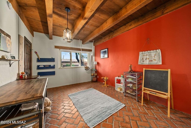 home office with beamed ceiling and wooden ceiling