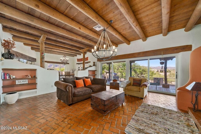 living room featuring beamed ceiling, a notable chandelier, and wood ceiling