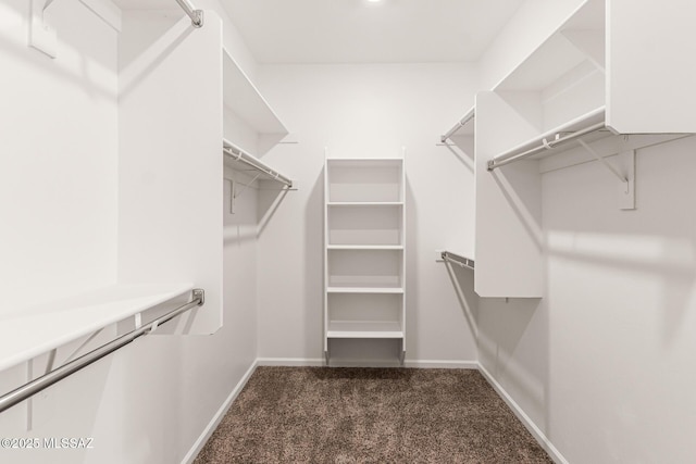 walk in closet with dark carpet