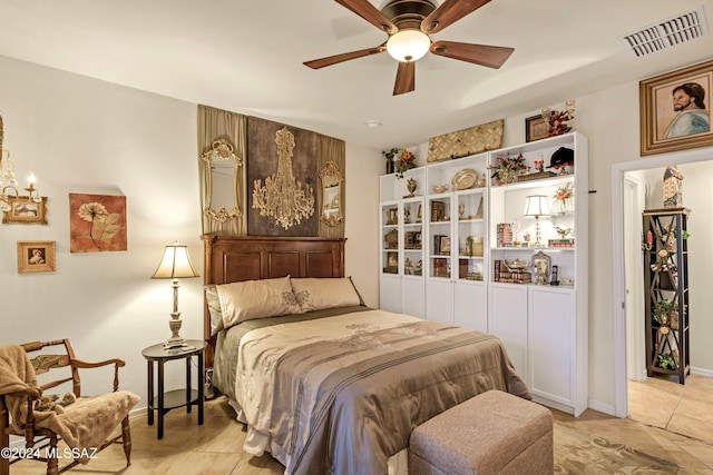 bedroom featuring ceiling fan and light tile patterned floors