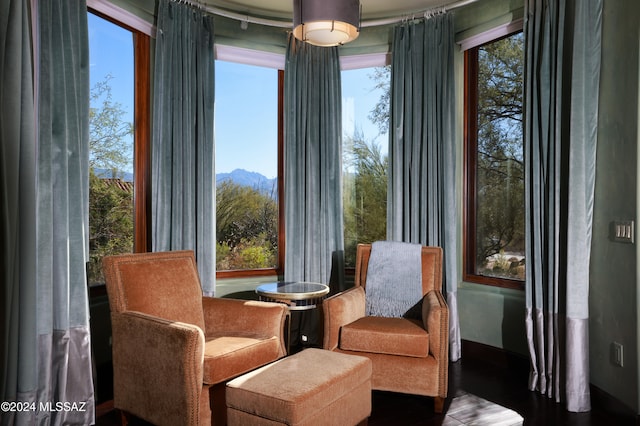 living area with a mountain view and hardwood / wood-style flooring