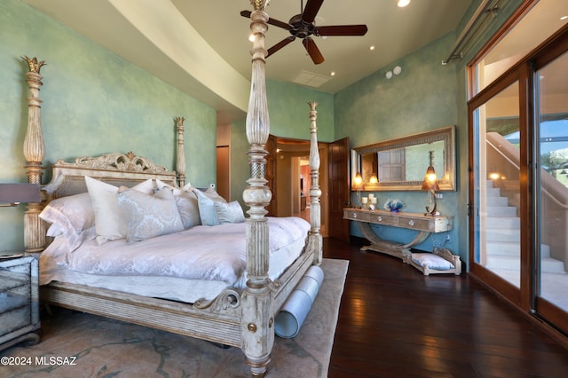 bedroom with access to outside, hardwood / wood-style flooring, high vaulted ceiling, and ceiling fan