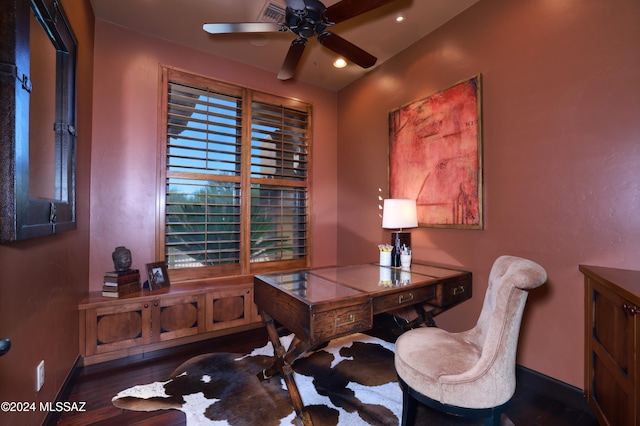 office area with ceiling fan and dark wood-type flooring