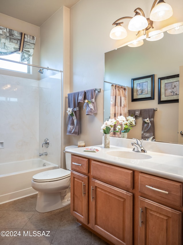 full bathroom with tile patterned floors, vanity, toilet, and shower / bath combo with shower curtain