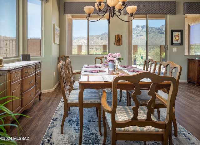 dining room featuring a mountain view, dark hardwood / wood-style flooring, and a wealth of natural light