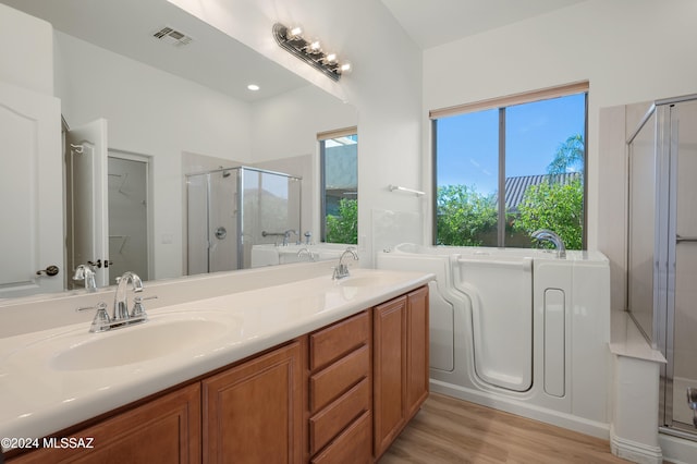 bathroom with vanity, wood-type flooring, and walk in shower