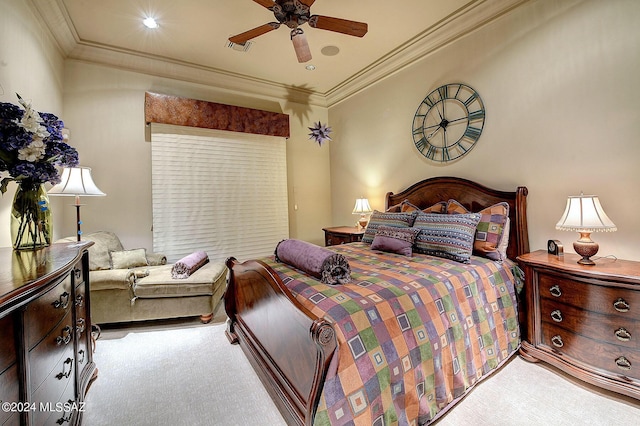 bedroom with ornamental molding, carpet floors, and ceiling fan