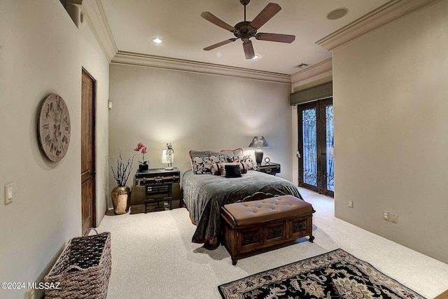 carpeted bedroom featuring crown molding, access to exterior, and ceiling fan